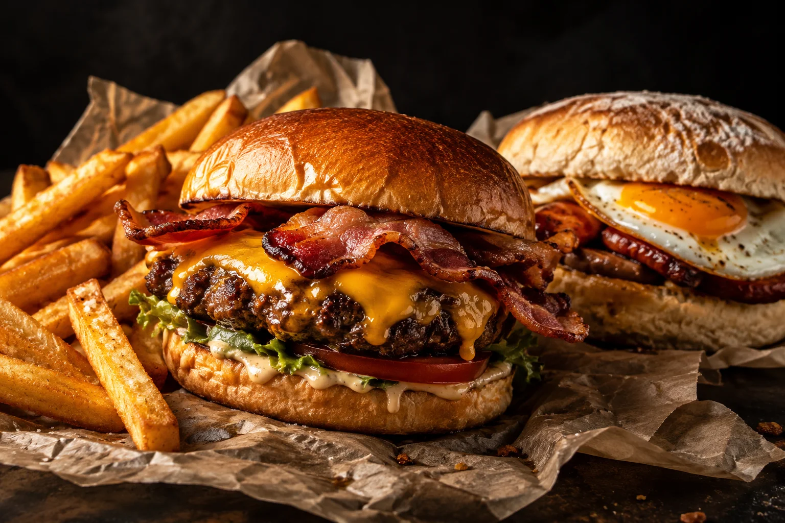 Illustrative burger, breakfast bap and golden fries
